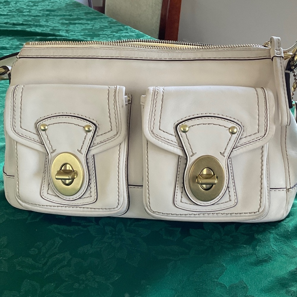 Cream Leather Shoulder Bag with Dual Front Pockets